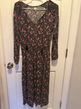 Old Navy Black Long Sleeve V-Neck Floral Midi Dress with Pink & Tan Blooms
